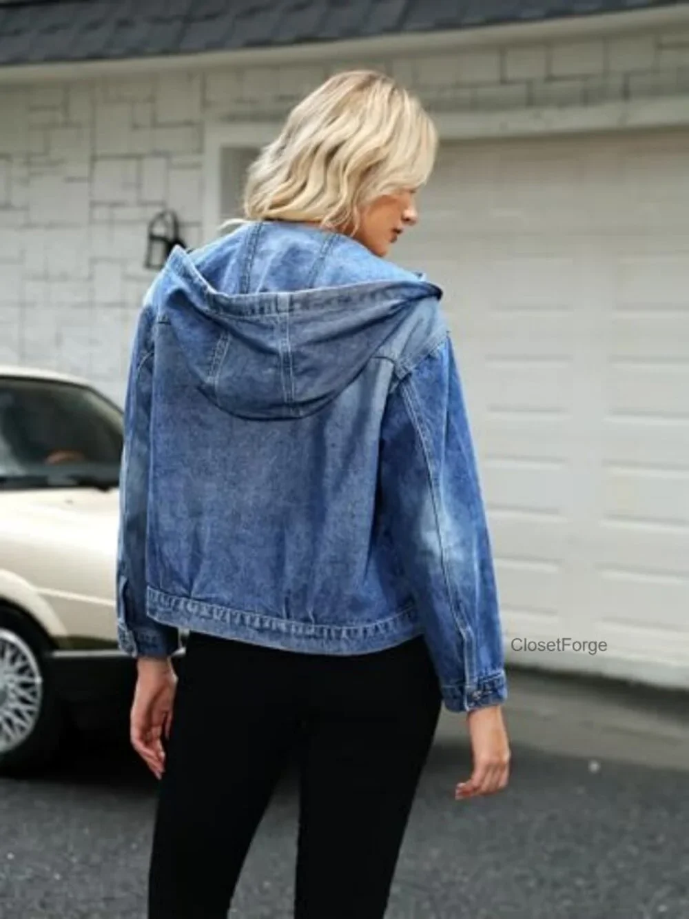 Double-Breasted Denim Jacket with Pockets - Oversized Hooded Coat - Picture 4 of 6